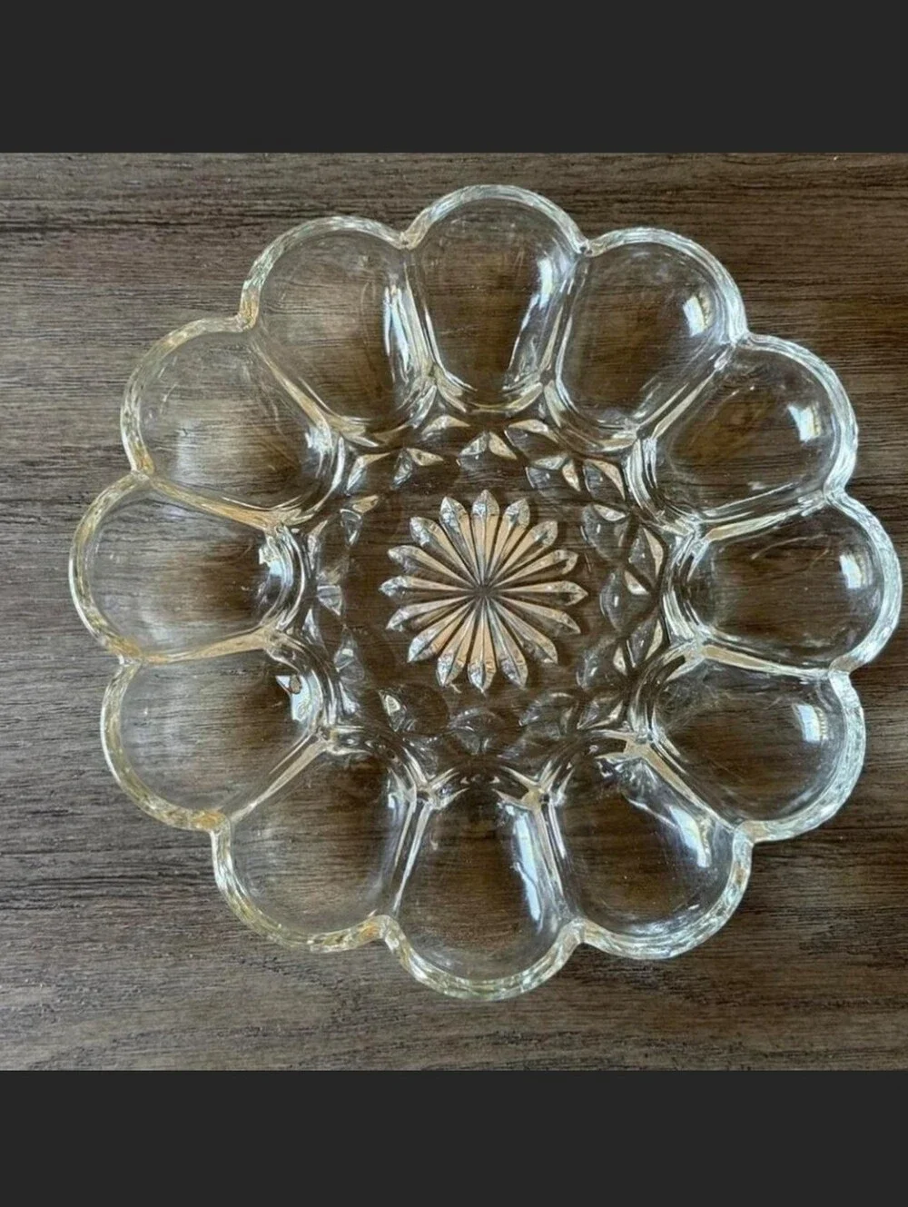 Clear Floral-Edge Pressed Glass Deviled Egg Serving Platter. 10 Inches